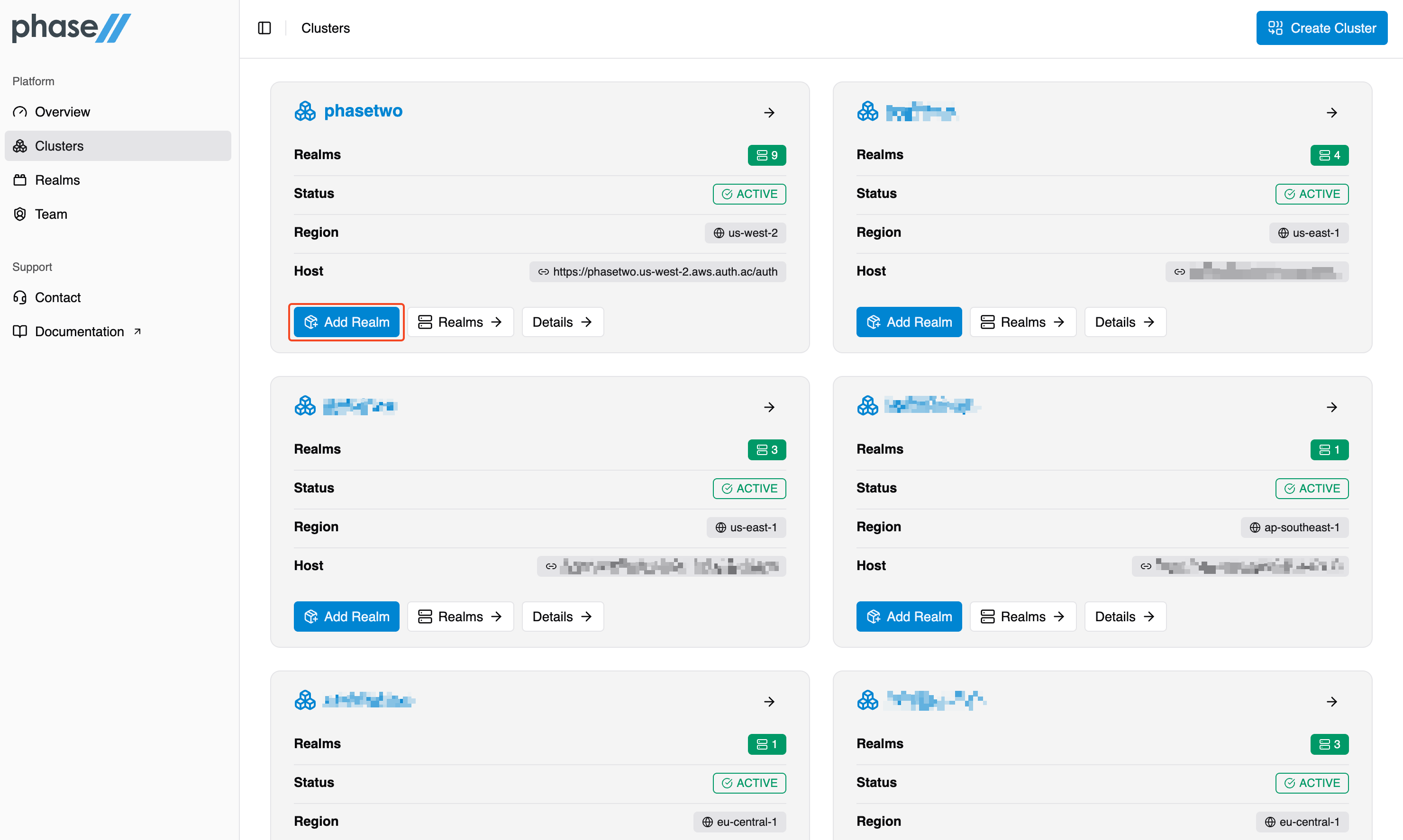 Phase Two Dash Cluster Overview Add Realm